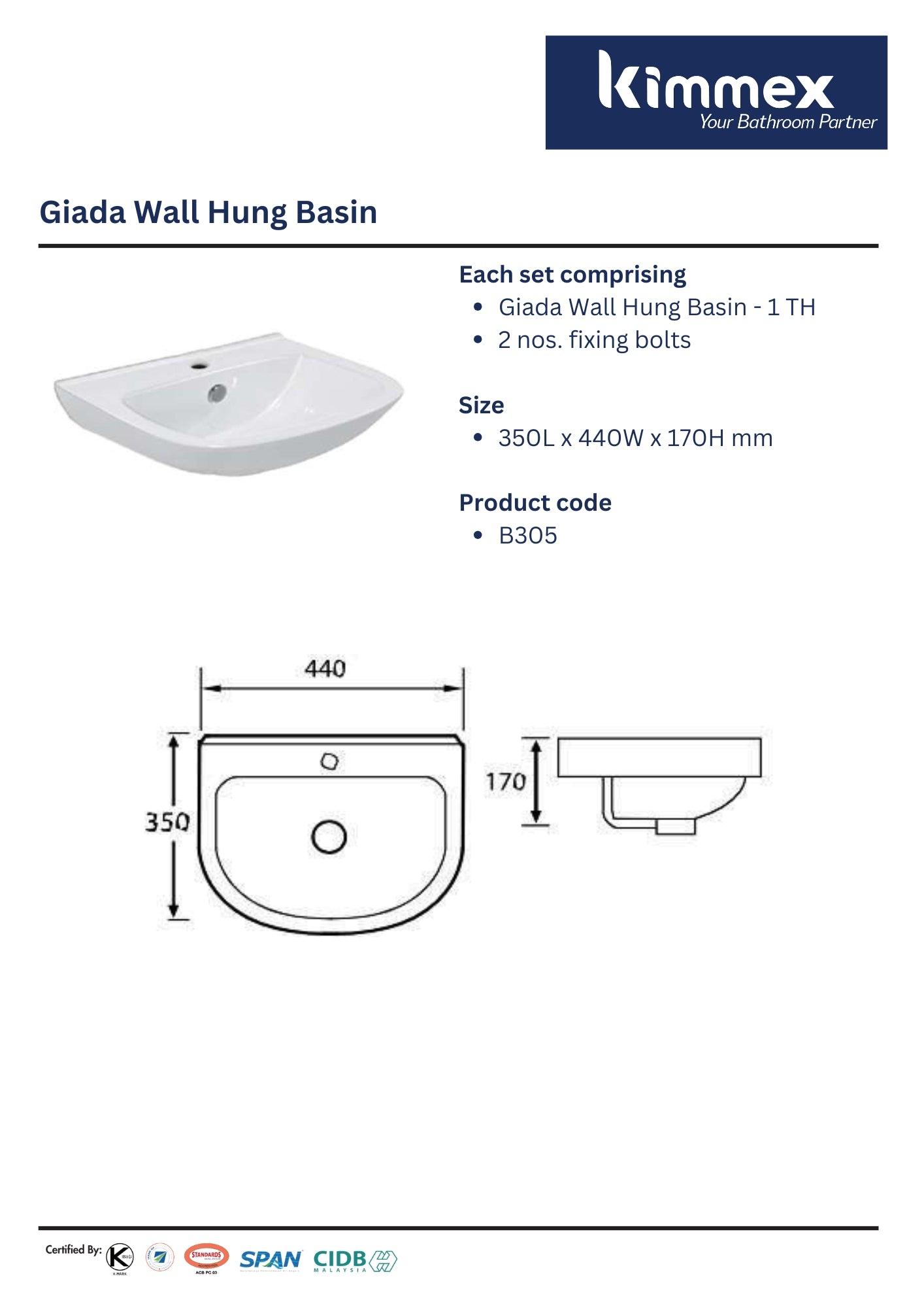 kimmex Giada Wall Hung Basin Set (B305)
