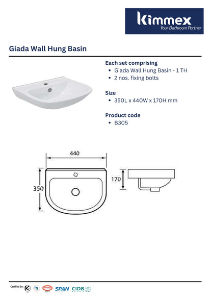 kimmex Giada Wall Hung Basin Set (B305)