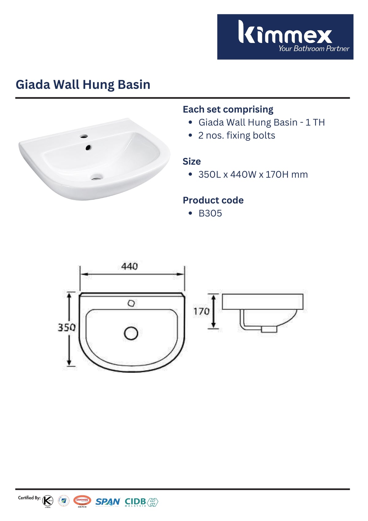 kimmex Giada Wall Hung Basin Set (B305)