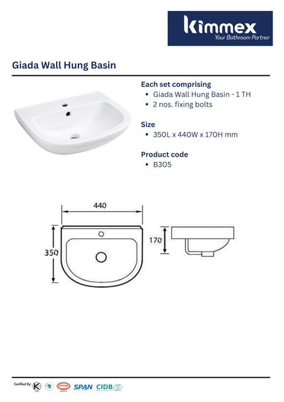 kimmex Giada Wall Hung Basin Set (B305)