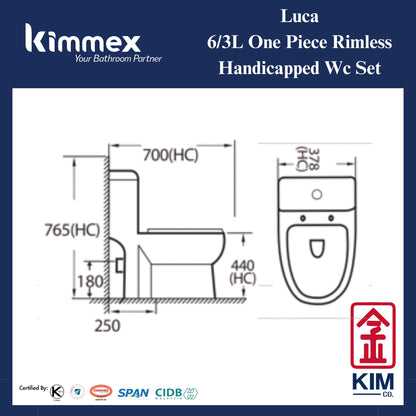kimmex Luca 6/3L One Piece Rimless Handicapped Wc Set