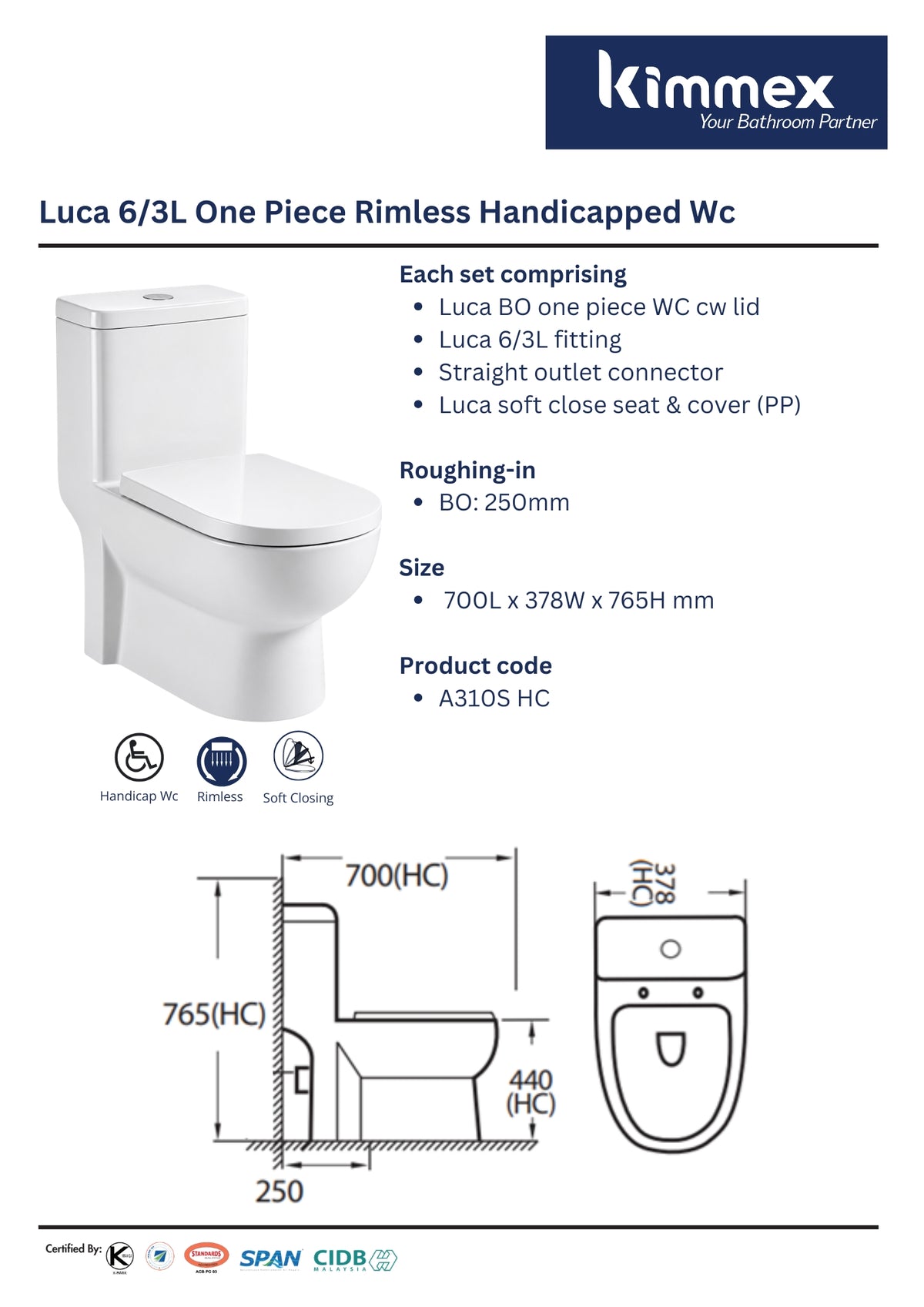 kimmex Luca 6/3L One Piece Rimless Handicapped Wc Set
