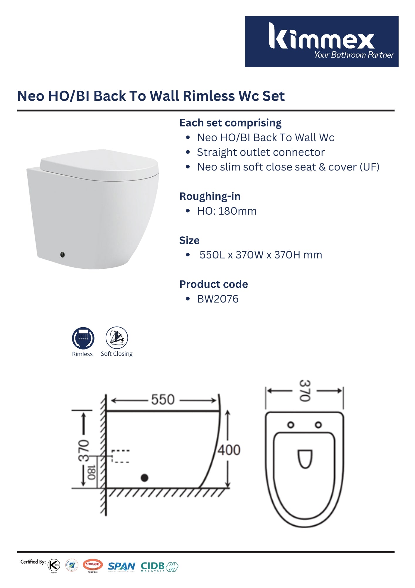 kimmex Neo HO/BI Back To Wall Rimless Wc Set