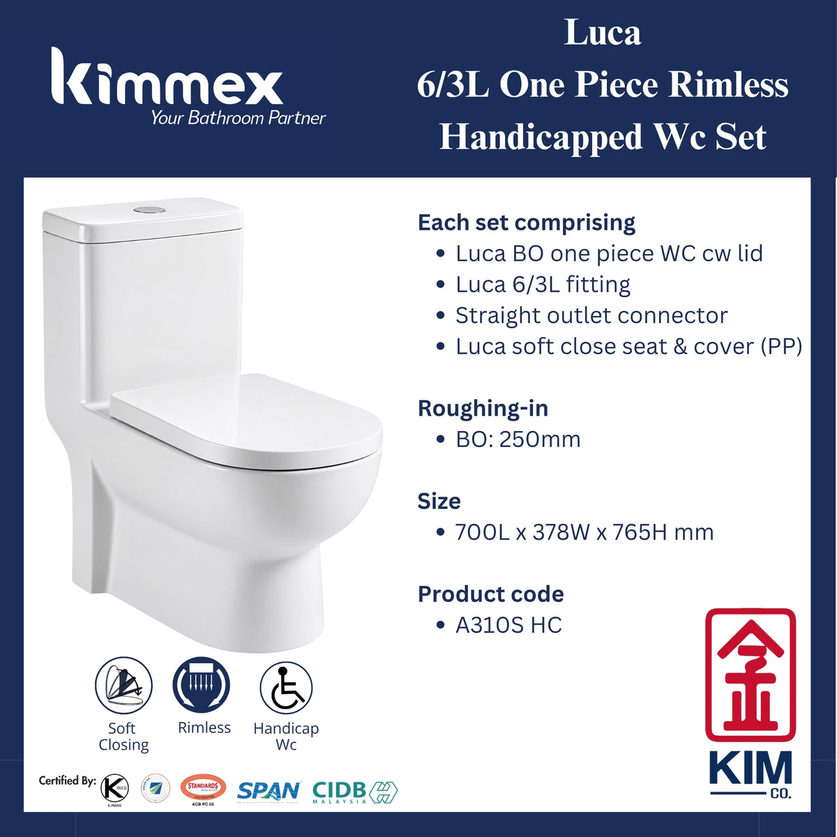 kimmex Luca 6/3L One Piece Rimless Handicapped Wc Set