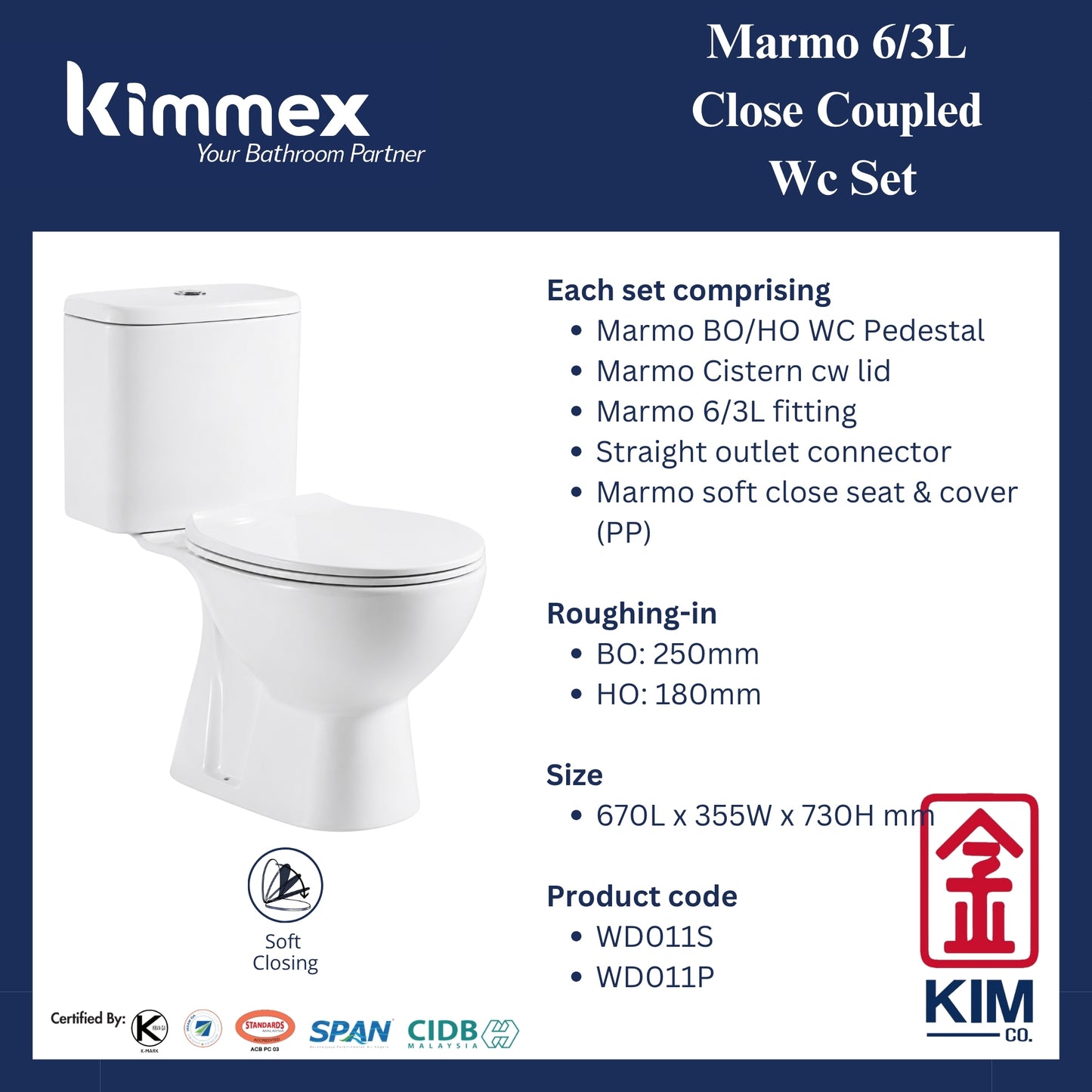 kimmex Marmo 6/3L Wc Set Cw Pp Soft Close Seat & Cover