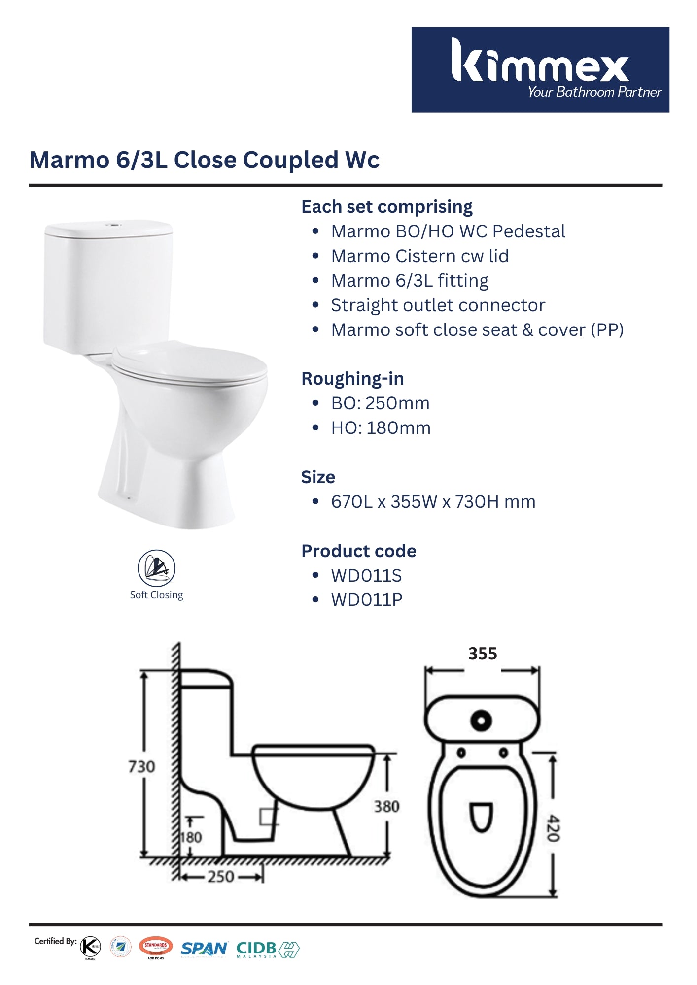 kimmex Marmo 6/3L Wc Set Cw Pp Soft Close Seat & Cover