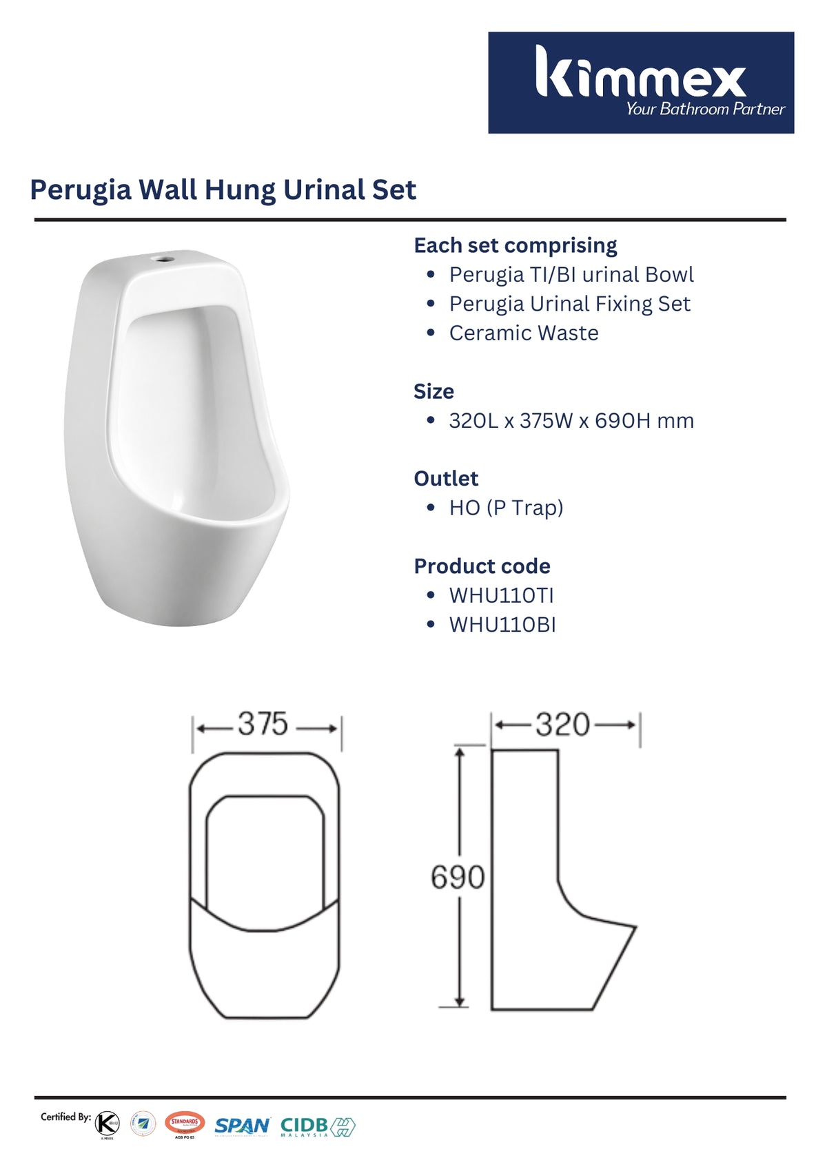 kimmex Perugia Wall Hung Urinal Set
