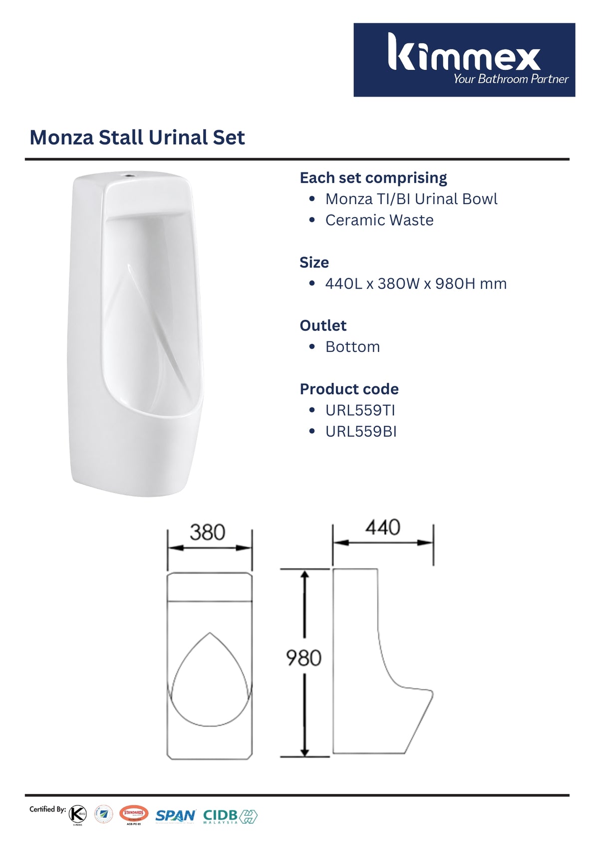 kimmex Monza Stall Urinal Set