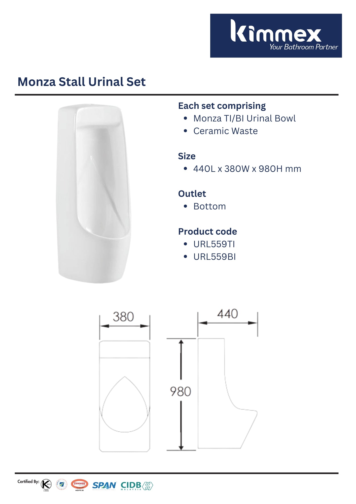 kimmex Monza Stall Urinal Set