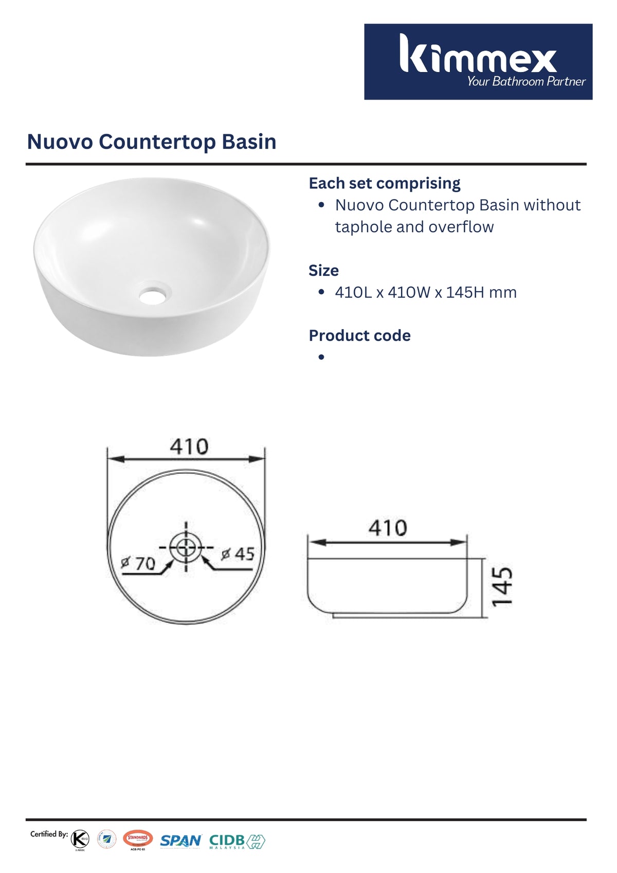 kimmex Nuovo Countertop Basin (1090)