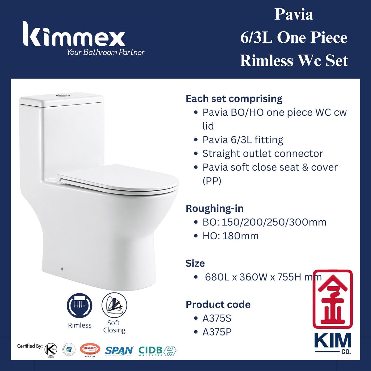 kimmex Pavia 6/3L Rimless One Piece Wc Set Cw PP Soft Close Seat & Cover