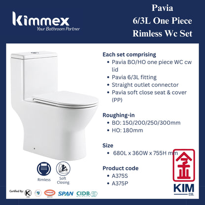 kimmex Pavia 6/3L Rimless One Piece Wc Set Cw PP Soft Close Seat & Cover