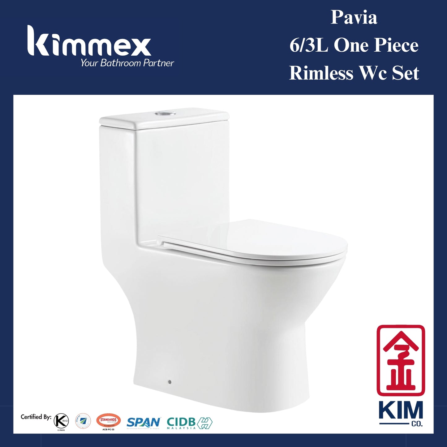 kimmex Pavia 6/3L Rimless One Piece Wc Set Cw PP Soft Close Seat & Cover