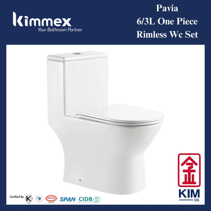 kimmex Pavia 6/3L Rimless One Piece Wc Set Cw PP Soft Close Seat & Cover