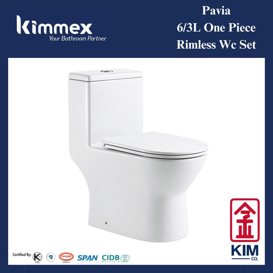 kimmex Pavia 6/3L Rimless One Piece Wc Set Cw PP Soft Close Seat & Cover
