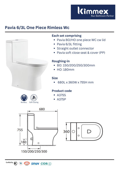 kimmex Pavia 6/3L Rimless One Piece Wc Set Cw PP Soft Close Seat & Cover