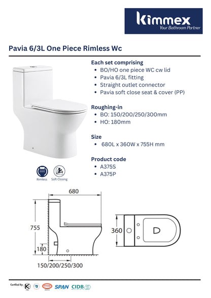 kimmex Pavia 6/3L Rimless One Piece Wc Set Cw PP Soft Close Seat & Cover