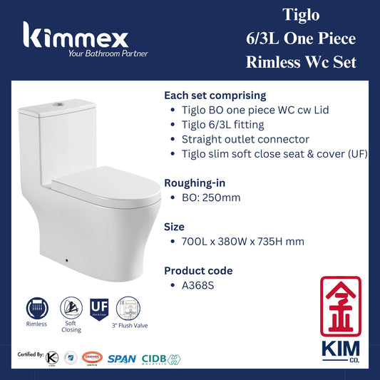 kimmex Tiglo 6/3L Rimless One Piece Wc Set Cw UF Soft Close Seat & Cover