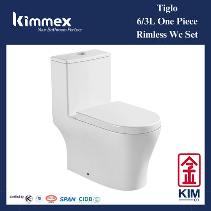 kimmex Tiglo 6/3L Rimless One Piece Wc Set Cw UF Soft Close Seat & Cover