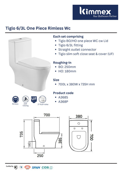kimmex Tiglo 6/3L Rimless One Piece Wc Set Cw UF Soft Close Seat & Cover