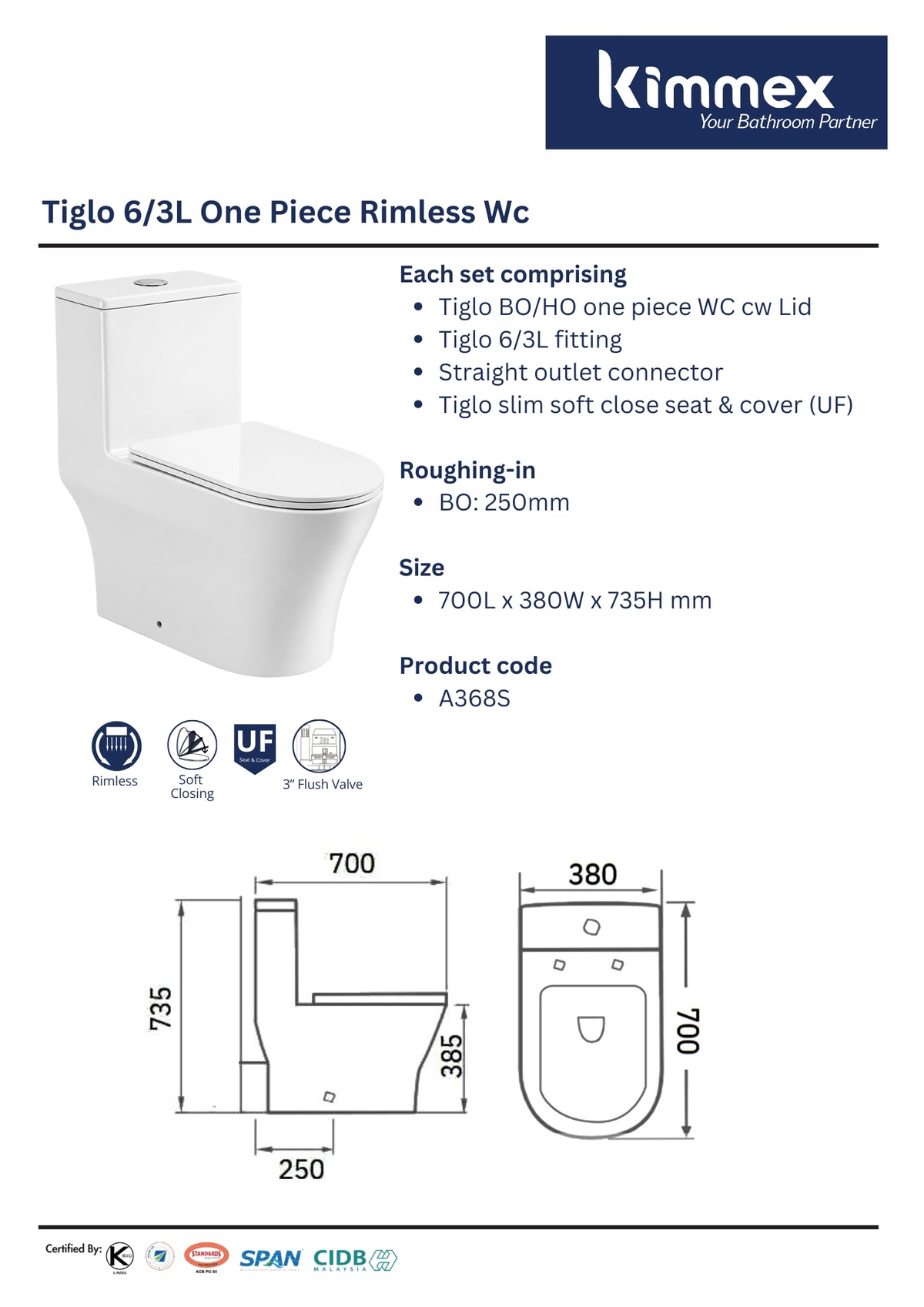 kimmex Tiglo 6/3L Rimless One Piece Wc Set Cw UF Soft Close Seat & Cover