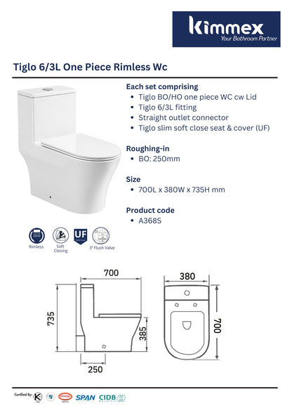 kimmex Tiglo 6/3L Rimless One Piece Wc Set Cw UF Soft Close Seat & Cover
