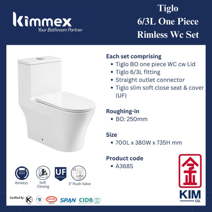 kimmex Tiglo 6/3L Rimless One Piece Wc Set Cw UF Soft Close Seat & Cover